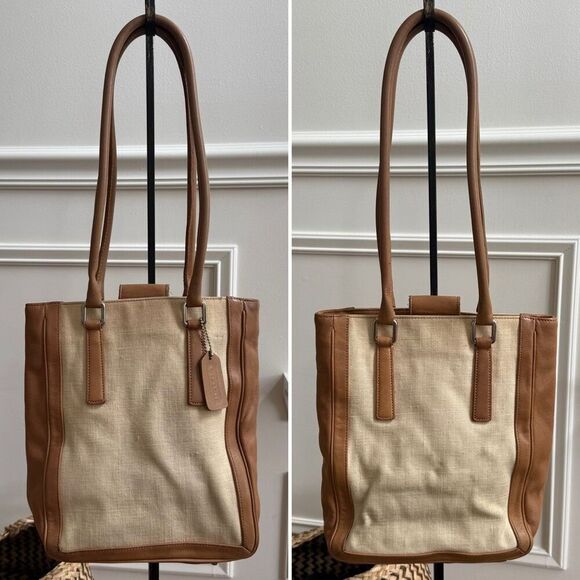 Rare Vintage Coach 9429 Bonnie Bucket Linen Leather Tan Cream Satchel Small Tote - Picture 1 of 10